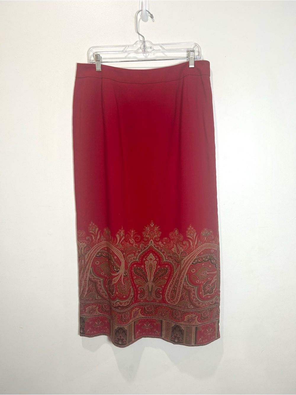 Vtg Talbots Wrap Skirt Womens 14 Midi Red Paisley 100% Wool Scarf Print Boho - Picture 12 of 14